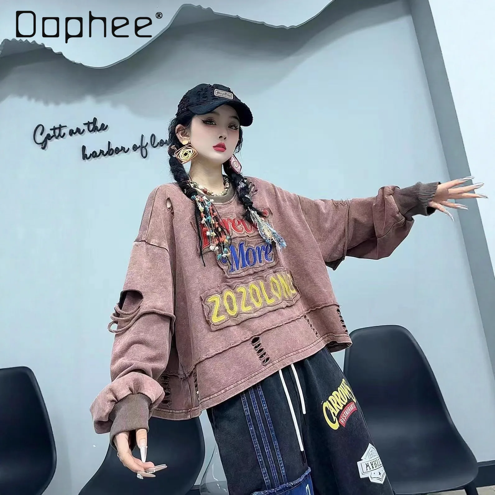 European Style Women's Sweatshirt 2025 Autumn New Personalized Patch Letter Print Distressed Sleeves Trendy Top Streetwear Women