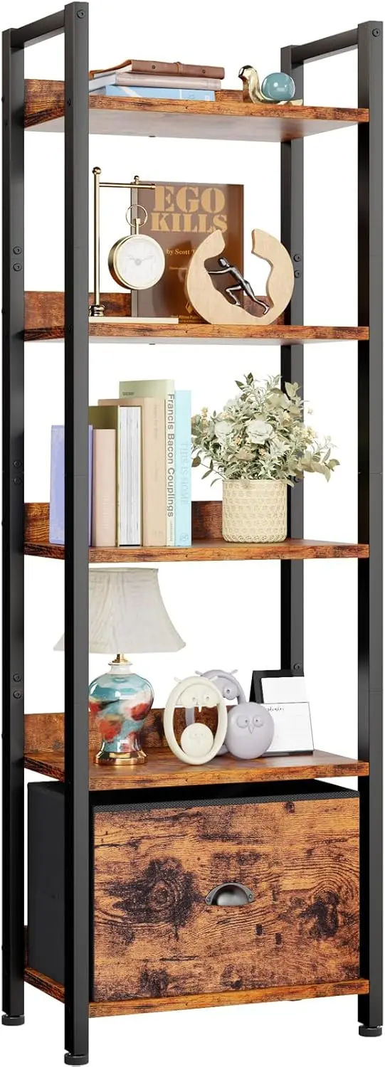 

5-Tier Tall Narrow Bookcase with Drawer, Wood and Metal Industrial Shelf for Bedroom Living Room Storage Organizer