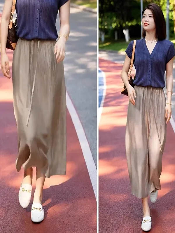 Acetate Satin A-Line Midi Skirt Women Summer New High Waist Drapey Casual Thin Straight Cut Skirts Commute Pure Color