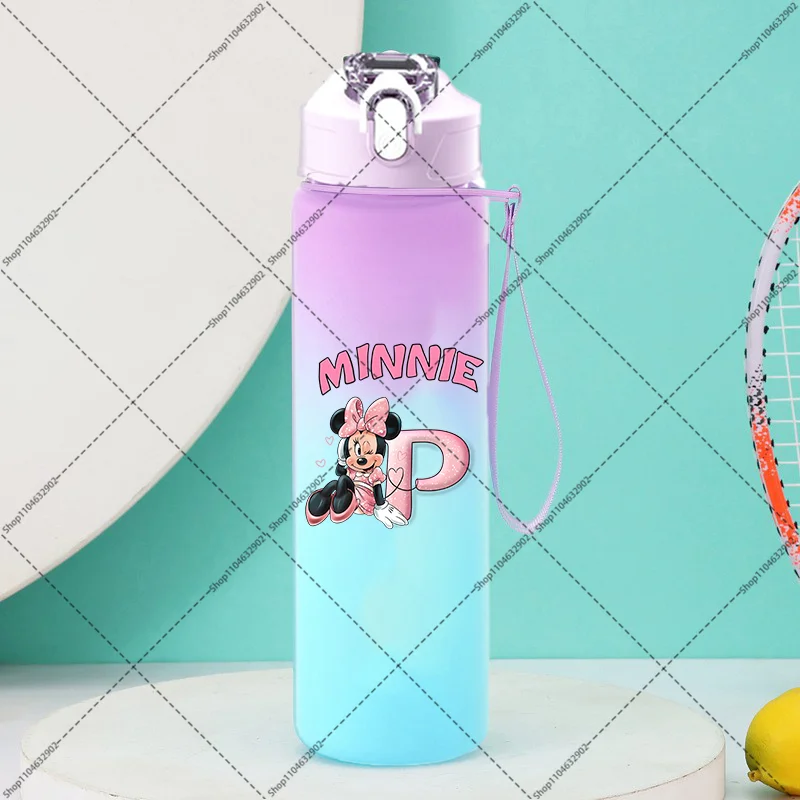 750ML Minnie Mickey Mouse Botol Air Lucu Kartun Anime Huruf A-Z Dicetak Warna Gradien Botol Olahraga Hadiah Pesta Ulang Tahun