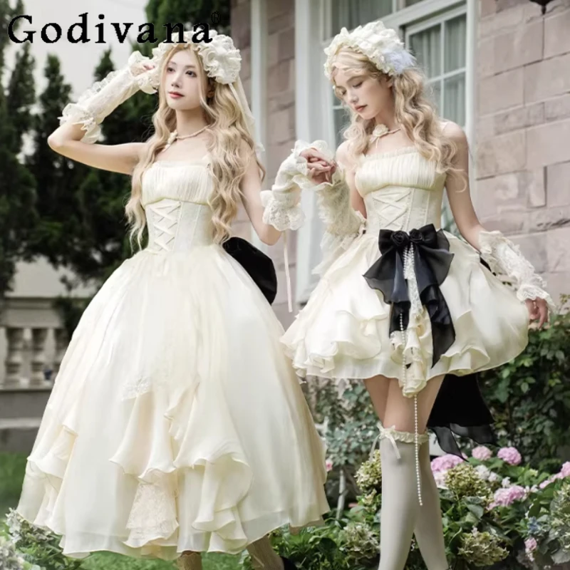 

Elegant High Waist A-line Sexy Slash Neck Ruffles Lolita Fairy Jsk Dress Versatile Age Reduction Sweet Romantic Princess Dresses