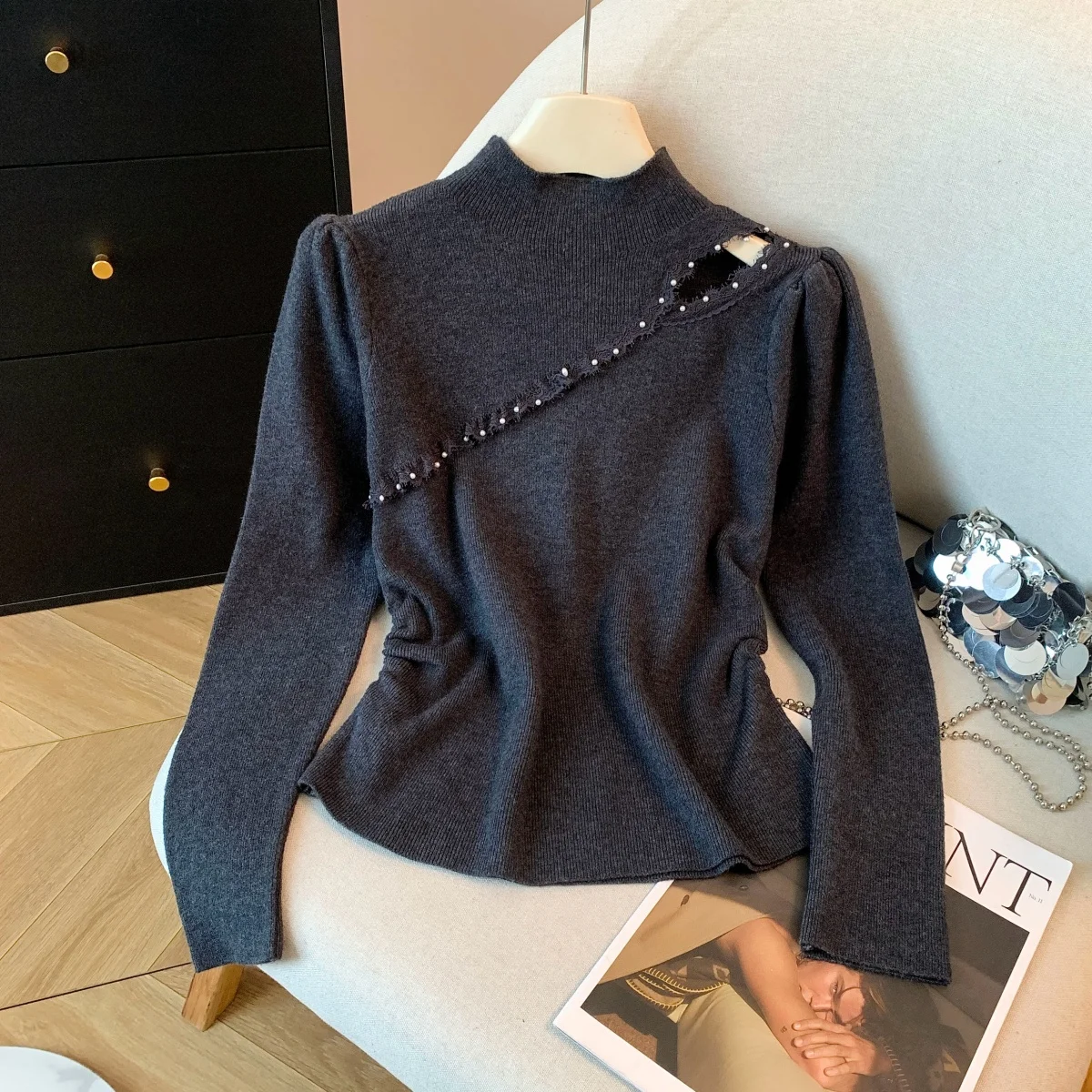 

Autumn Winter Thiened Lace Splicing Hollow out Knitted Base irt f High Collar Soft Nylon Long Sve Color Top