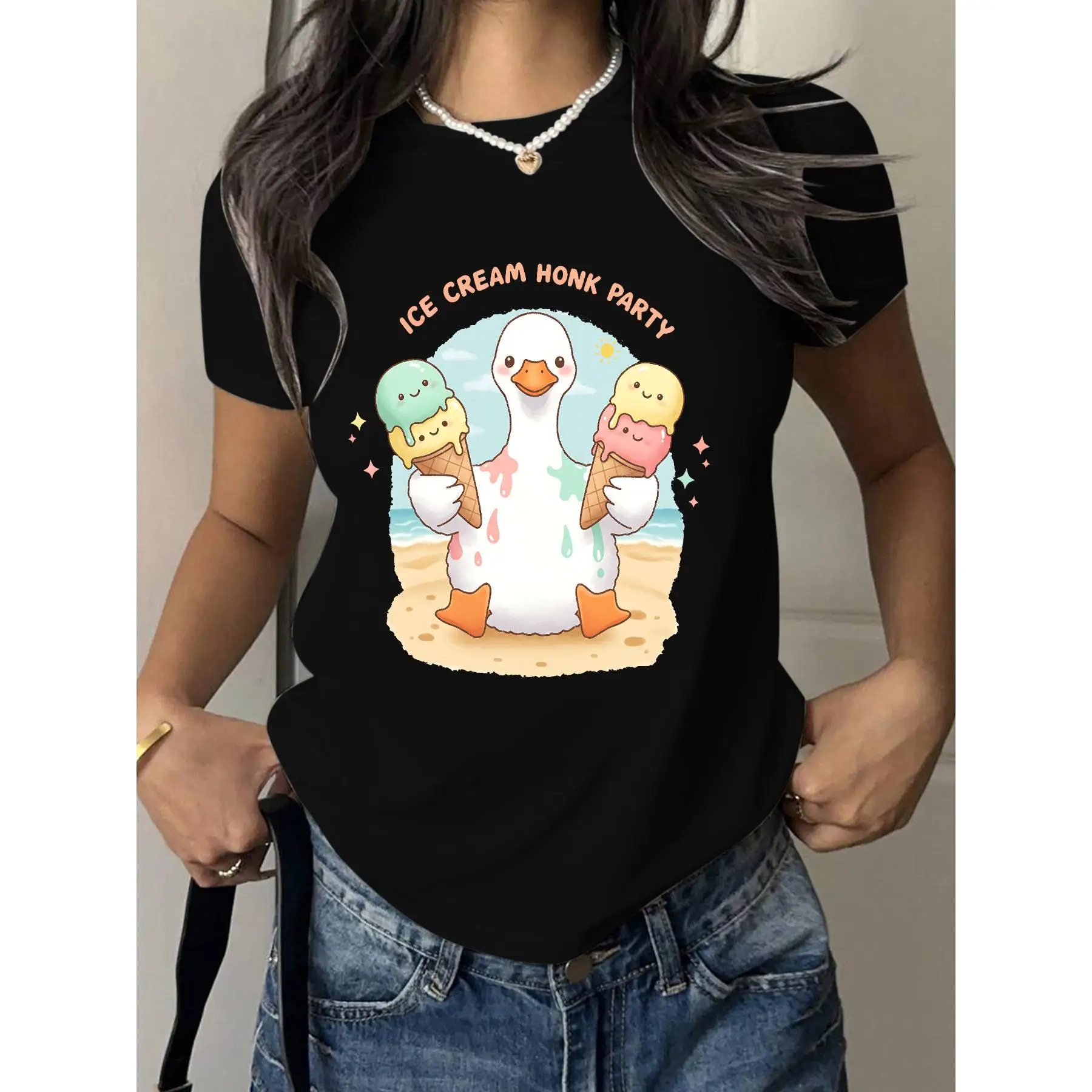 

Whimsical Ice - Cream Themed T - Shirt With Goose And Party Motif