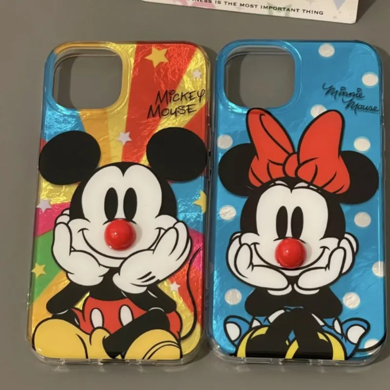 Cool Kleurrijke Mickey Minnie Mouse Telefoonhoesje Voor Iphone 16 15 14 Plus 13 11 Pro Max X Xs Xr 8 7 Veren Textuur Harde Hoes