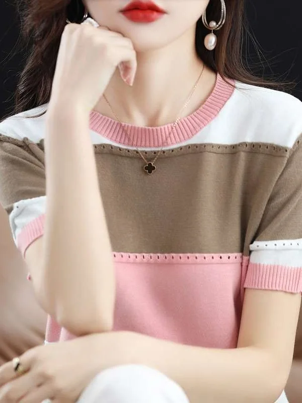 

Summer New round Ne Colormatching Striped Loose Sweater Women's Casual Comfortable Breathable Ultra-Thin ort Sve Knitwear