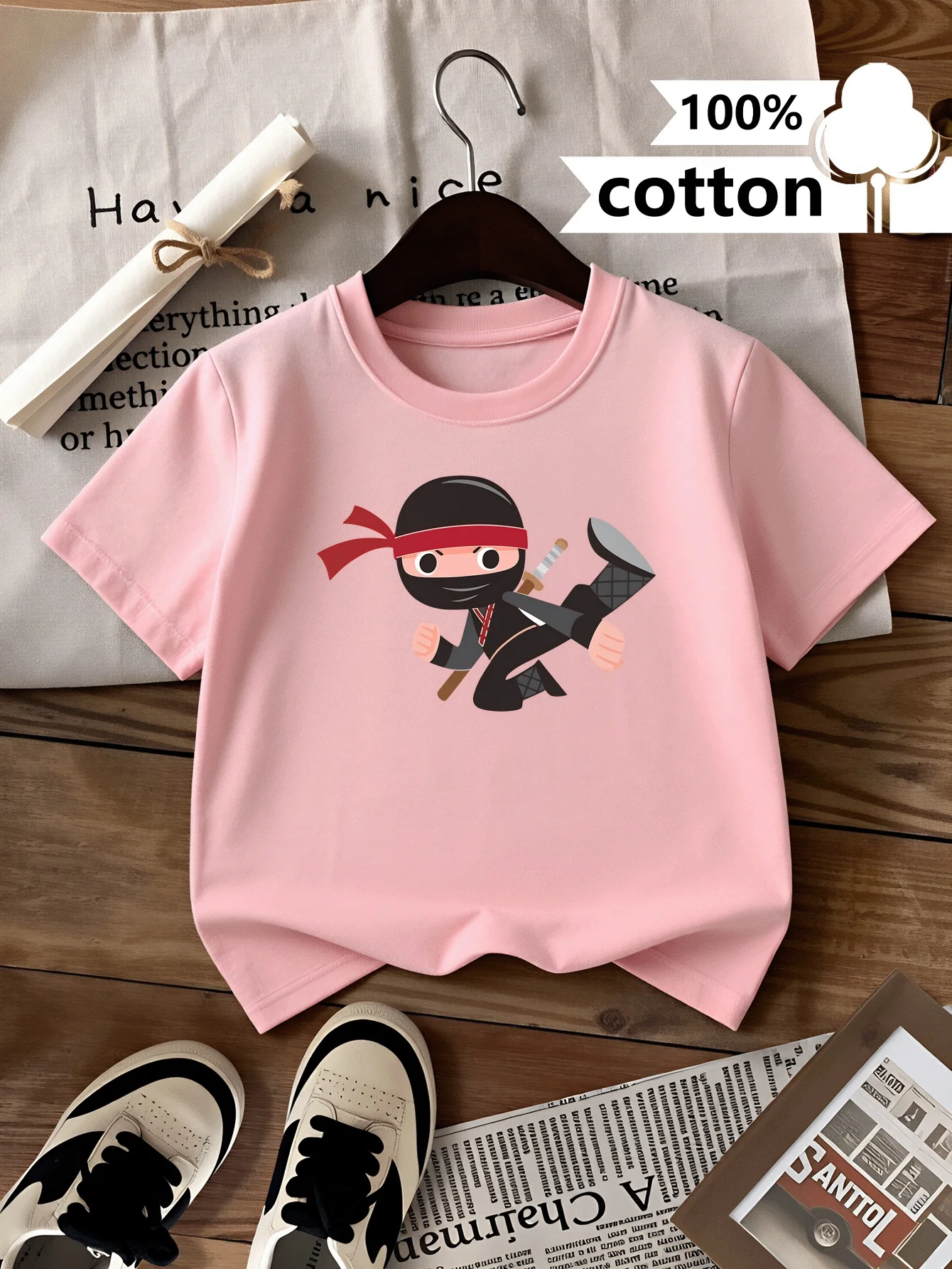 Ninja Warrior Action Posture Sword Pattern Machine Washable Outdoor Activity Top Comfortable and Fun Printed Parent Child Tshirt