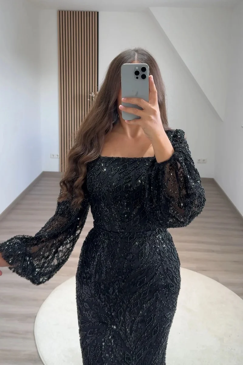 Annie Exquisite Black Wedding Dress Luxury Beads Prom Dresses Mermaid Long Sleeves Elegant Lady  فساتين سهرة Customized 2025