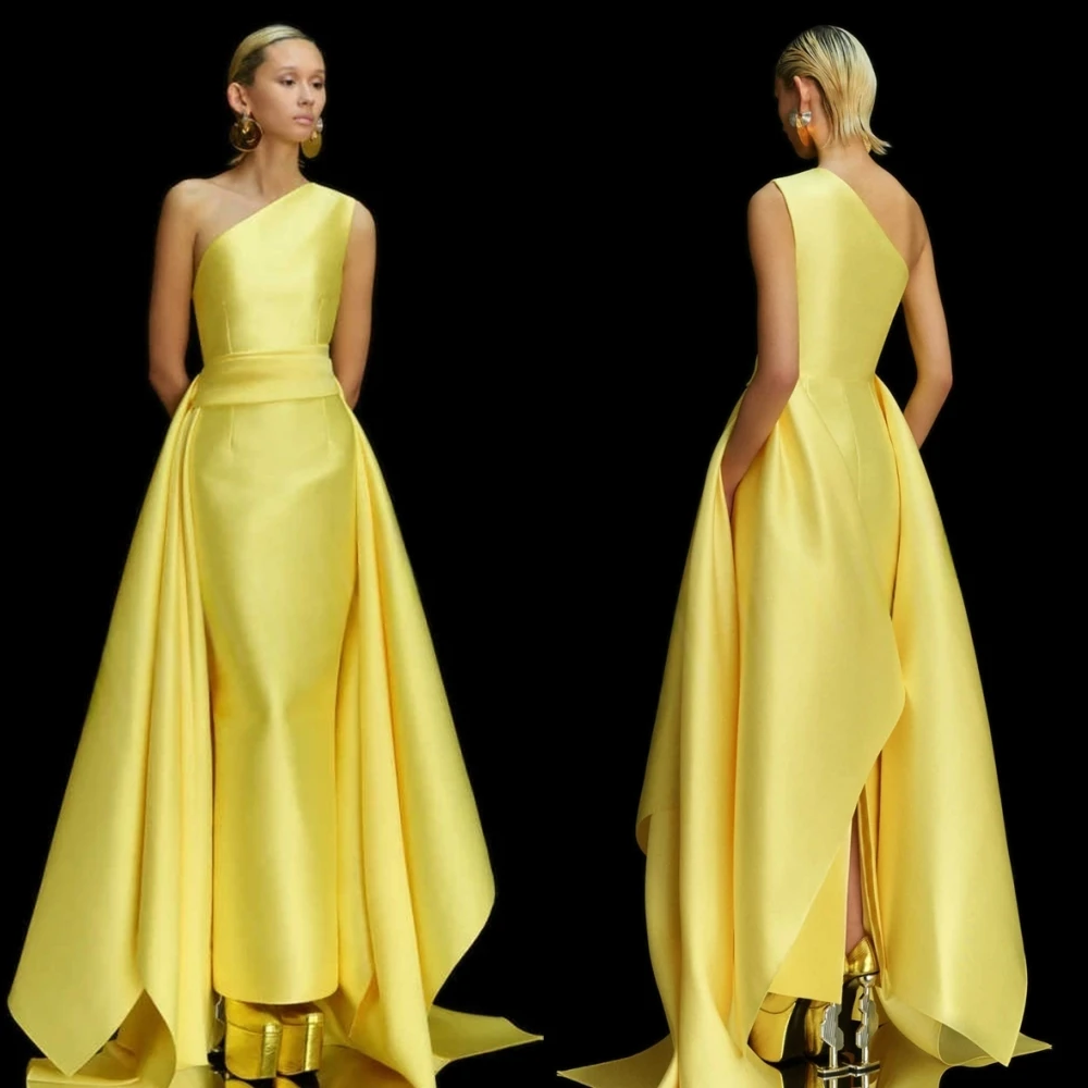 

Customized Simple Yellow Satin Evening Dress Formal Off the Shoulder Sleeveless Prom Dress Classic Straight Pockets Party Dress