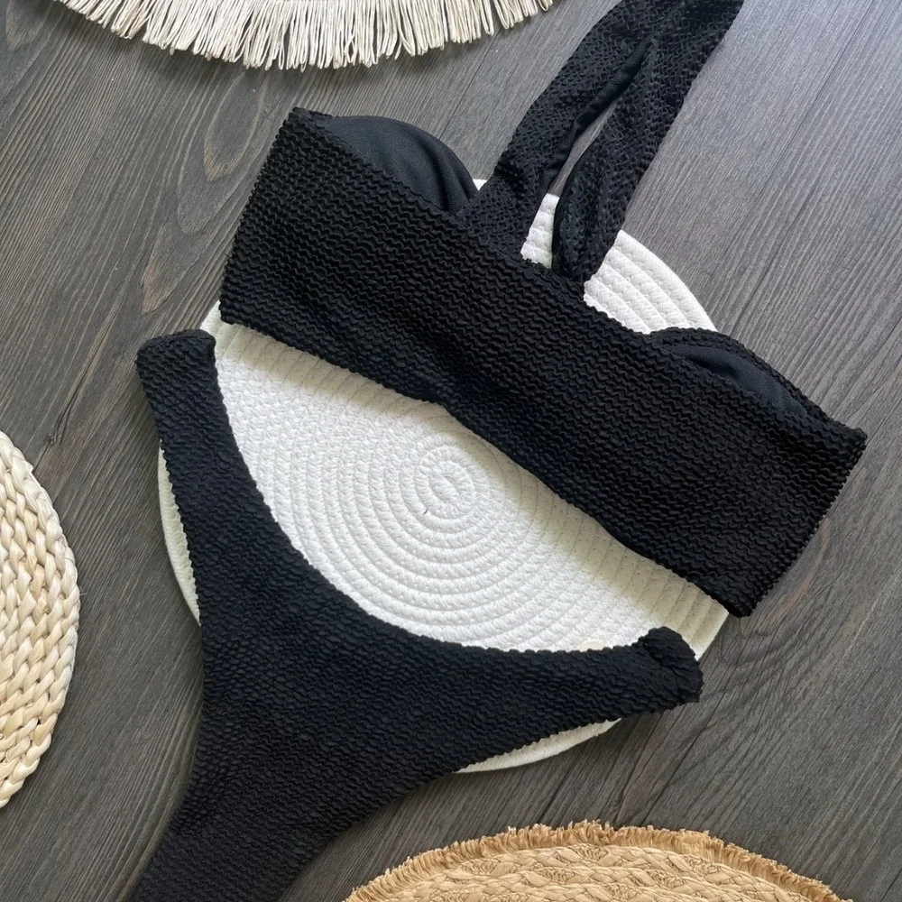 Ribbed Solid One Shoulder Bikini Set Tie Side Two Piece Swimwear Fashion Bathing Suit For Women Bikini Set Women's Swimsuit Beac