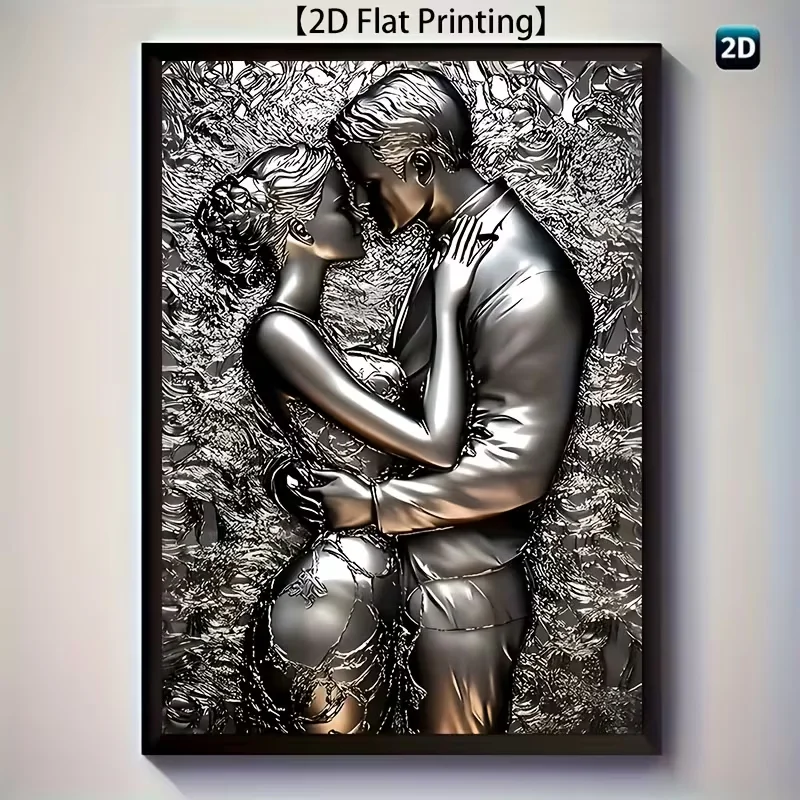 2D Flat, 2D Flat, 1pc of Unframed Artwork Featuring a Modern Romantic Couple Embracing, Printed on Canvas. This Love-Themed Wall