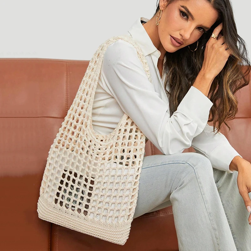 Mode Häkel taschen für Frauen Sommer Strand Einkaufstasche ästhetische Tragetaschen Handtasche böhmisch gewebte Strick Umhängetasche – Detail 4