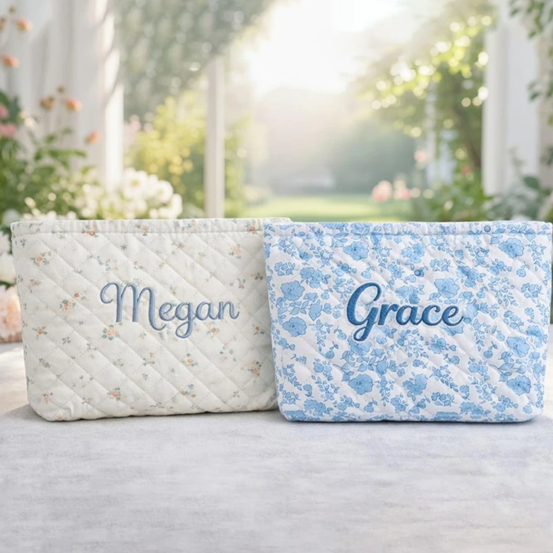 Borsa per Cosmetici Personalizzata con Nome Ricamato, Stile Floreale Vintage, Borsa per il Trucco, Regalo di Nozze per Donne, Spose e Damigelle