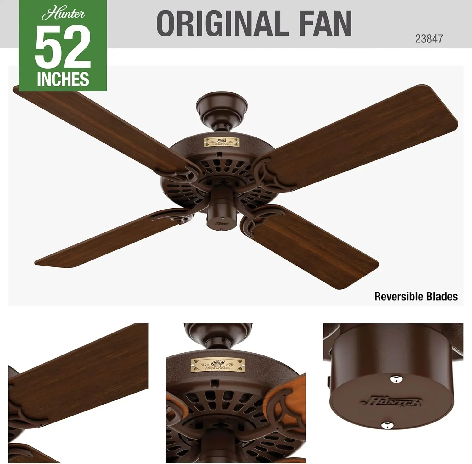 Hunter Fan Company, 23847, 52 inch Hunter Fan Company Original Chestnut Brown Indoor / Outdoor Ceiling Fan and Pull Chain