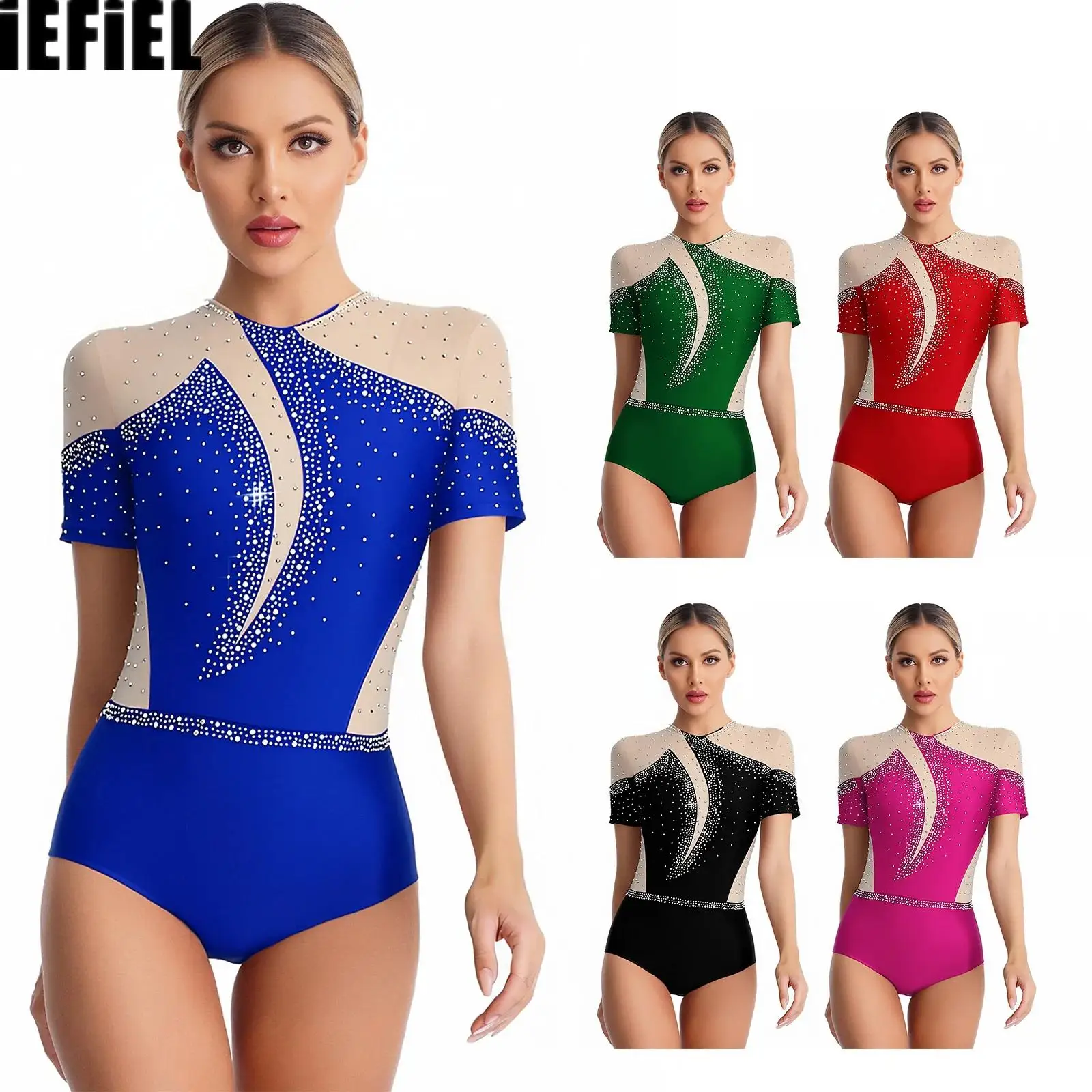 

Women Sheer Mesh Patchwork Dance Leotard Figure Skating Shiny Rhinestones Short Sleeve Back Cutout Design Bodysuit Dancewear