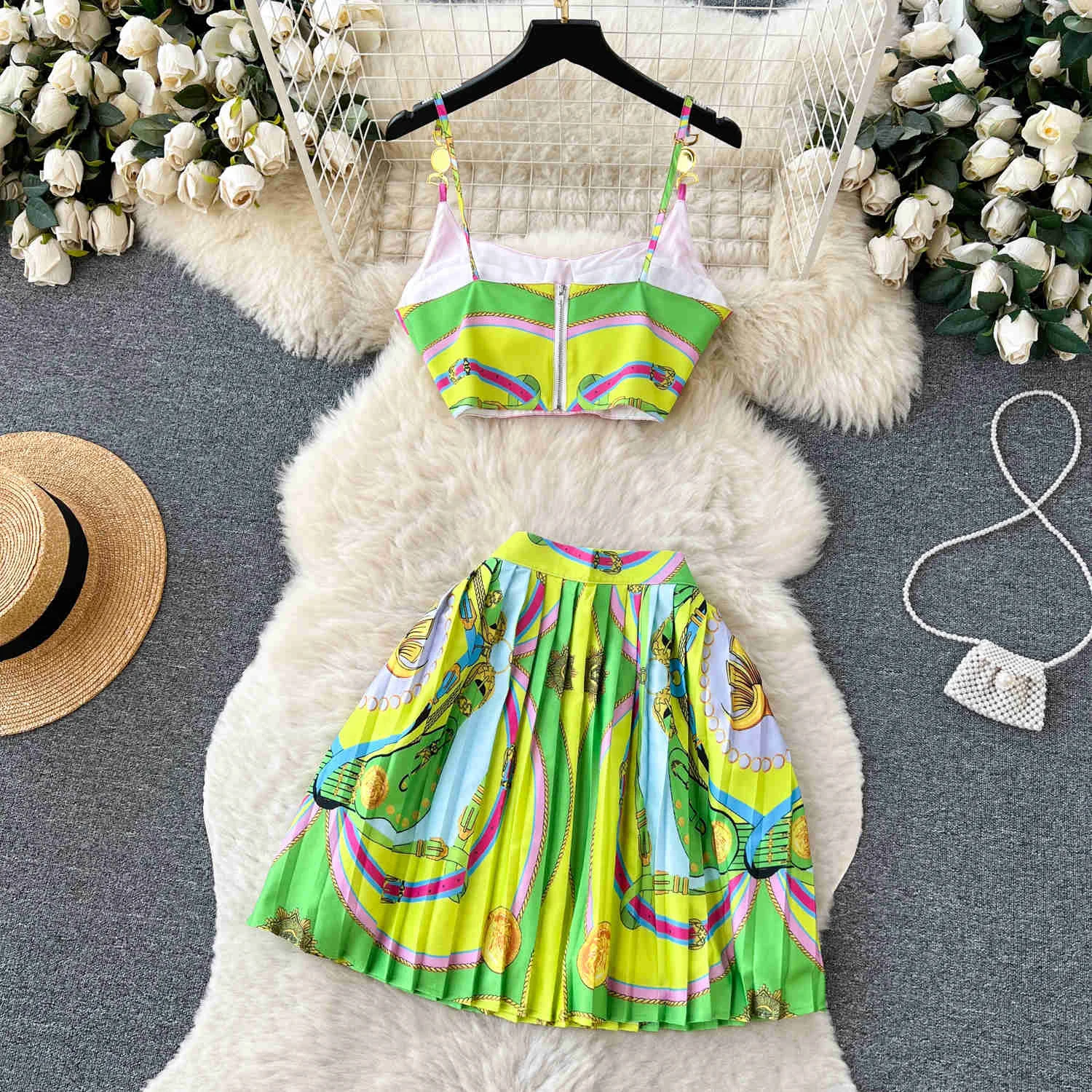 Elegant Printed Women 2 Pieces Set 2024 New Summer Fashion Sleeveless Cropped Camis Top and High Waist Mini Pleated Skirt Suits