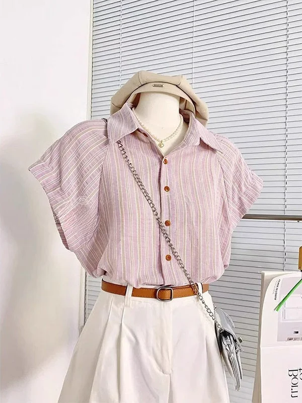 

Summer Casual Korean Style Striped Shirt And Slimming Shorts Two-Piece Set for Women Vintage Design Anti-Aging Fashion Ensemble