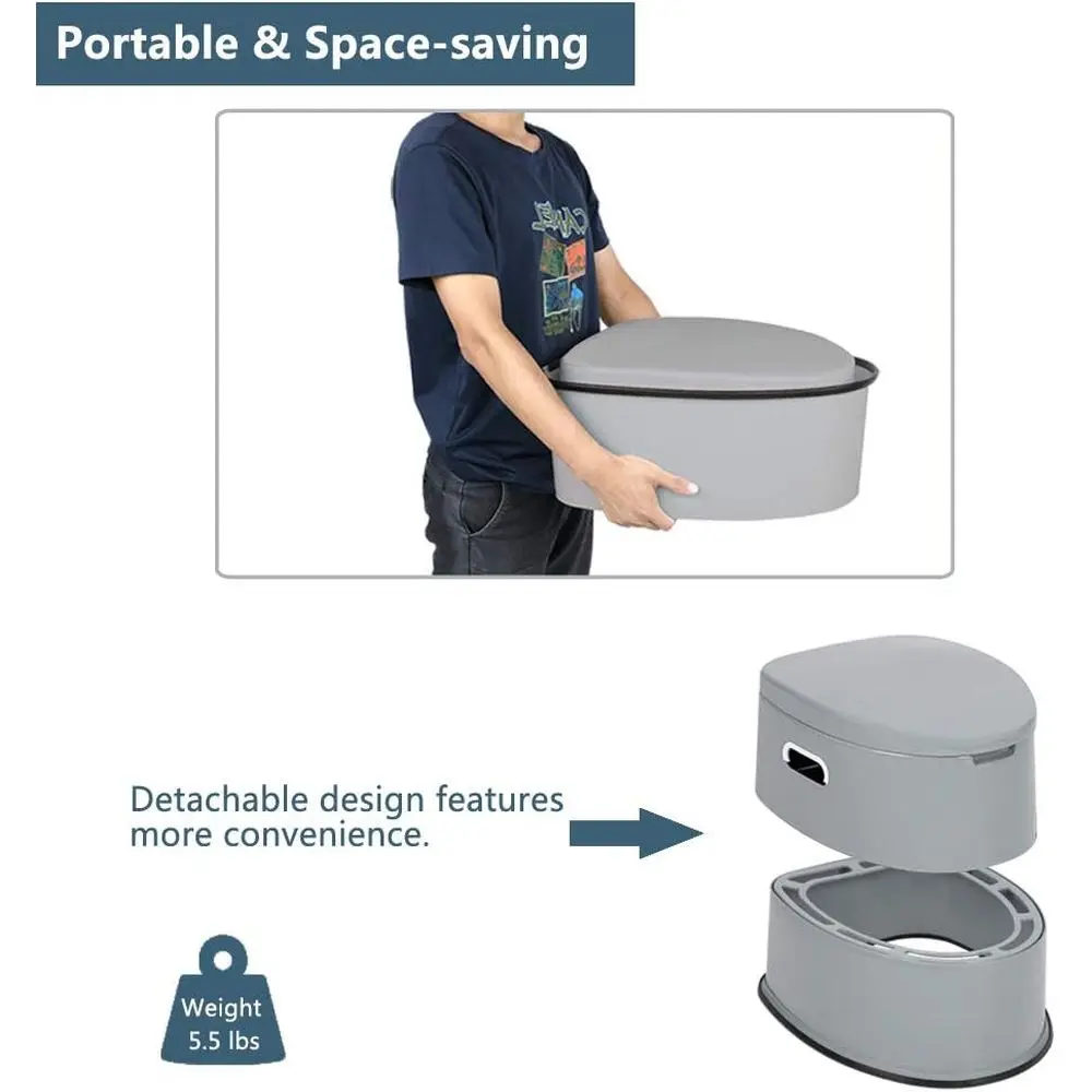 Portable Toilet Indoor Outdoor Detachable Inner Bucket Removable Paper Holder Lightweight Camping Boat Van Use Grey