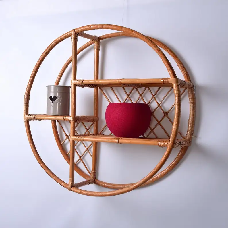 Eco Friendly Rattan Round Hanging Rack/ Wall Hanging Decor Shelf Storage Shelves Home Decor Decoration