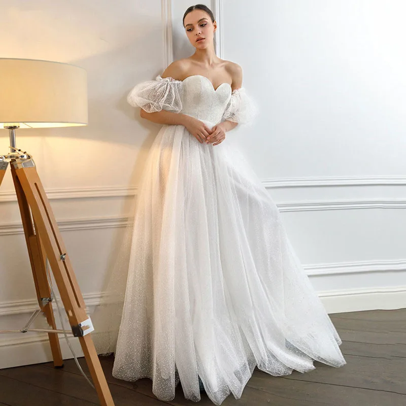

Shiny Sweetheart Princess Wedding Dresses Glitter Tulle Puff Sleeve Corset Back Boho Bride dresses Vestidos de novia 2022