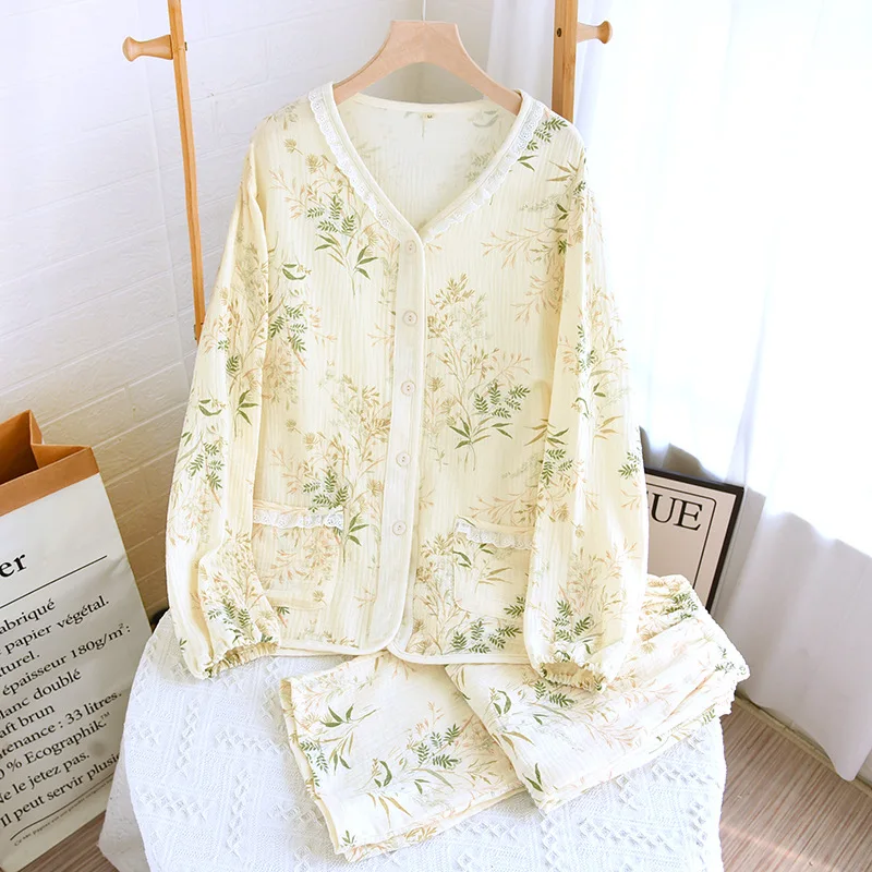 Baumwolle Cardigan V-Ausschnitt Nachtwäsche Kleidung für Frauen Frühling und Herbst lang ärmel ige lange Hosen Frauen Pyjama Home Anzug – Detail 3
