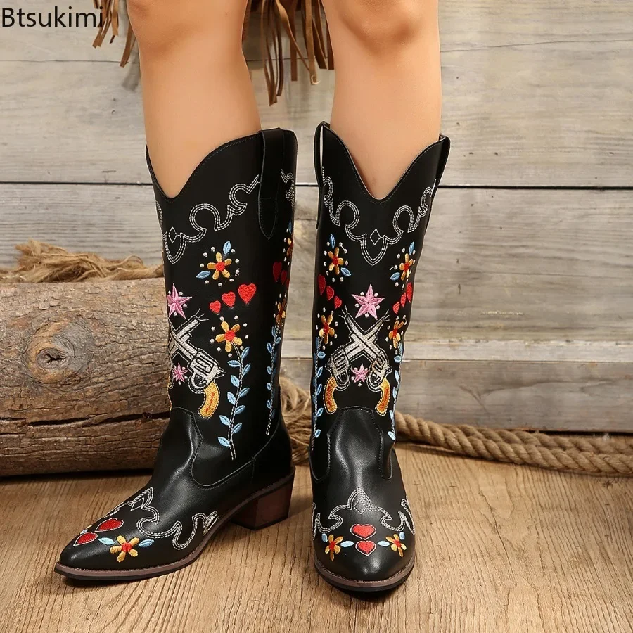 New 2024 Women\'s Fashion Embroidered High Boots Western Cowboy Boots Women Chunky Heels Ethnic Pointed Leather Boot Botas Mujer