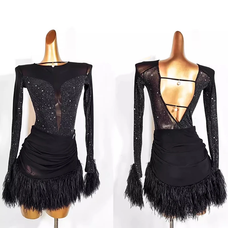 Vestido de competición de baile latino para mujer, traje de salón con borlas, manga larga, ropa de Salsa, ropa de práctica de Rumba, novedad de 2024