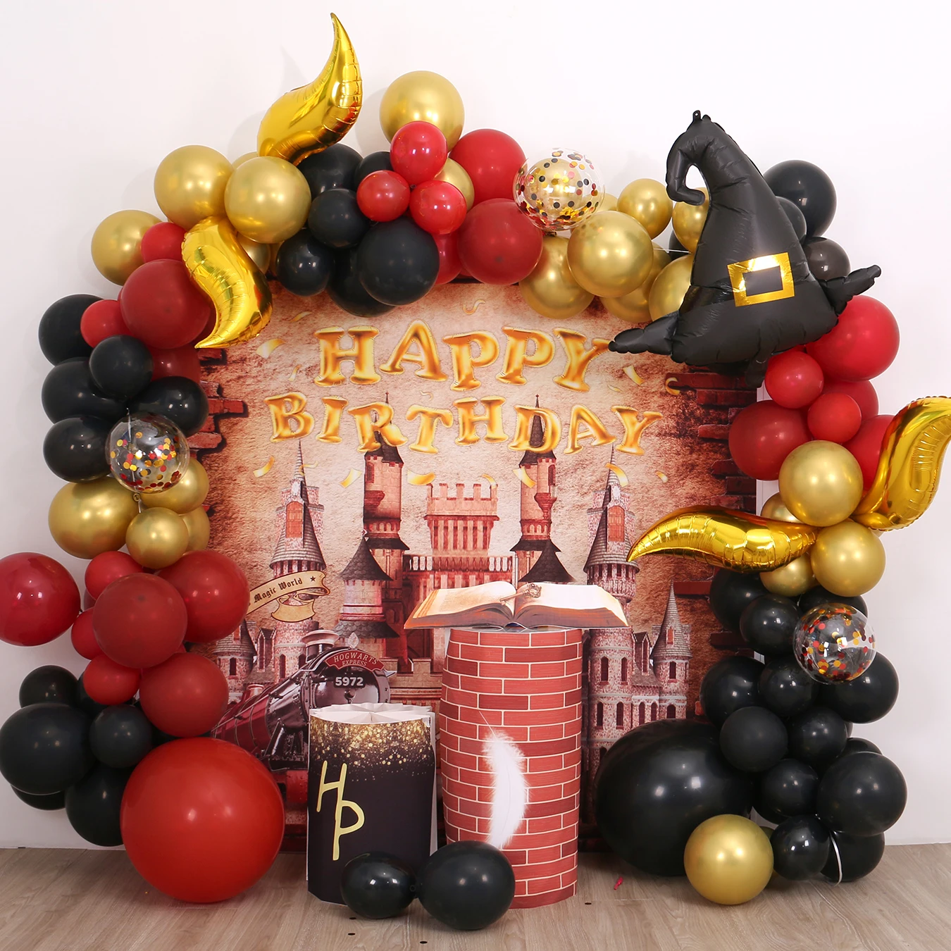 Magic Wizard School Balloon Wreath Arched Set, Wine Red Black Gold Arched Wizard Hat, Magic Theme Birthday Decoration Magic