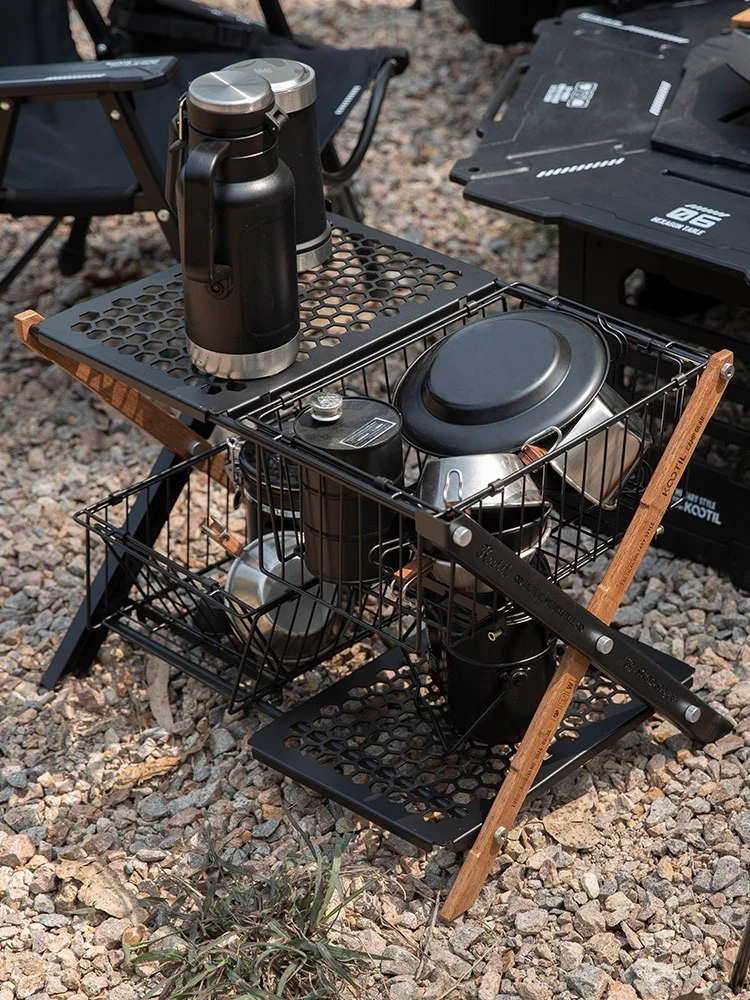 Lightweight Outdoor Camping Storage Shelf Multifunctional Portable Folding Rack Double Layer Storage Rack Cool Camping Gear