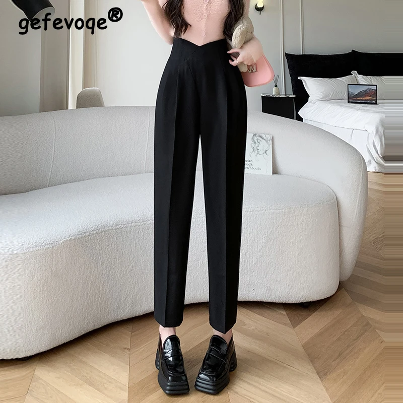 

Women Korean Fashion High Waist Pleated Harem Suit Pants Office Lady Elegant Pockets Trousers Casual Solid Loose Pantalones 2024