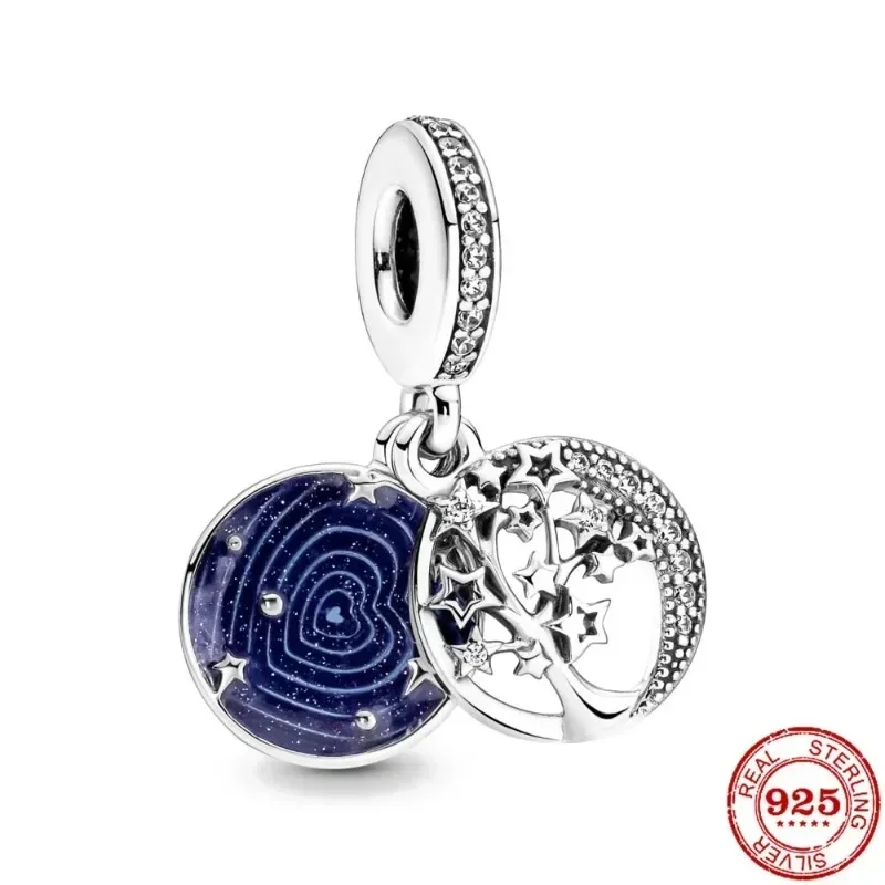 Original 925 Silver Plated Blue Stars Moon Earth Animals Tree Astronauts Bead Pendant for DIY Bracelet Ladies Jewelry Gift