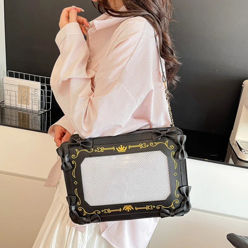 Bowknot Decor Y2k Lolita Itabag Girl Transparent Pocket Harajuku Pain Handbag Chain Japanese Shoulder Bag PU Crossbody Bag Women