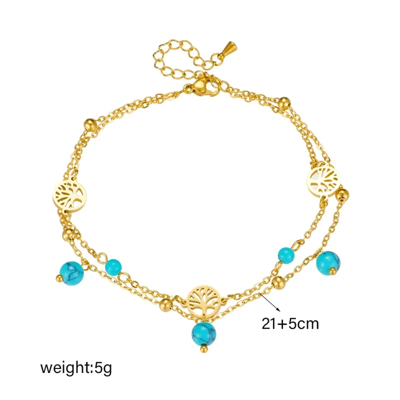 DIEYURO 316L Stainless Steel Multilayer Round Tree Green Stone Anklets For Women Girl New Trend Leg Chain Waterproof Jewelry