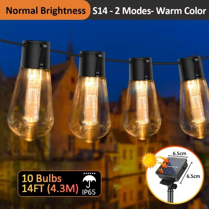 20FT/8M Solar Powered S14 LED String Lights 20 Shatterproof Bulbs IP44 Waterproof for Patio Garden Backyard Christmas Outdoor