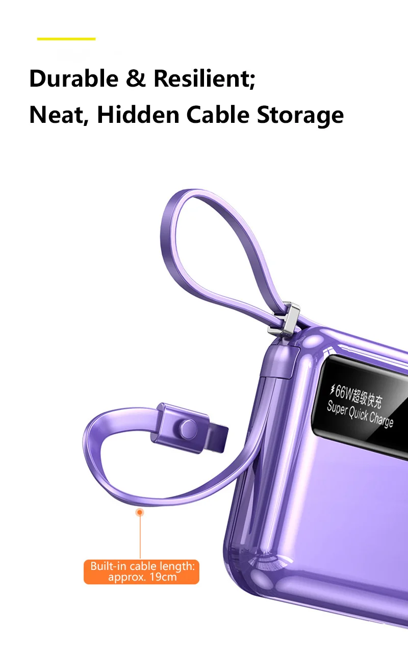 Lenovo 50000mAh 66W Power Bank Built-In Dual USB-C Cable Fast Charge Digital Display Power Bank For iPhone Samsung