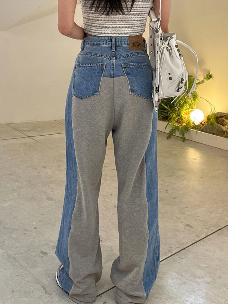 

Chic High Waist Wide Leg Denim Jeans Women's Autumn Fashion Hole Ripped Color Block Design Frayed Hem Floor-Length Pants