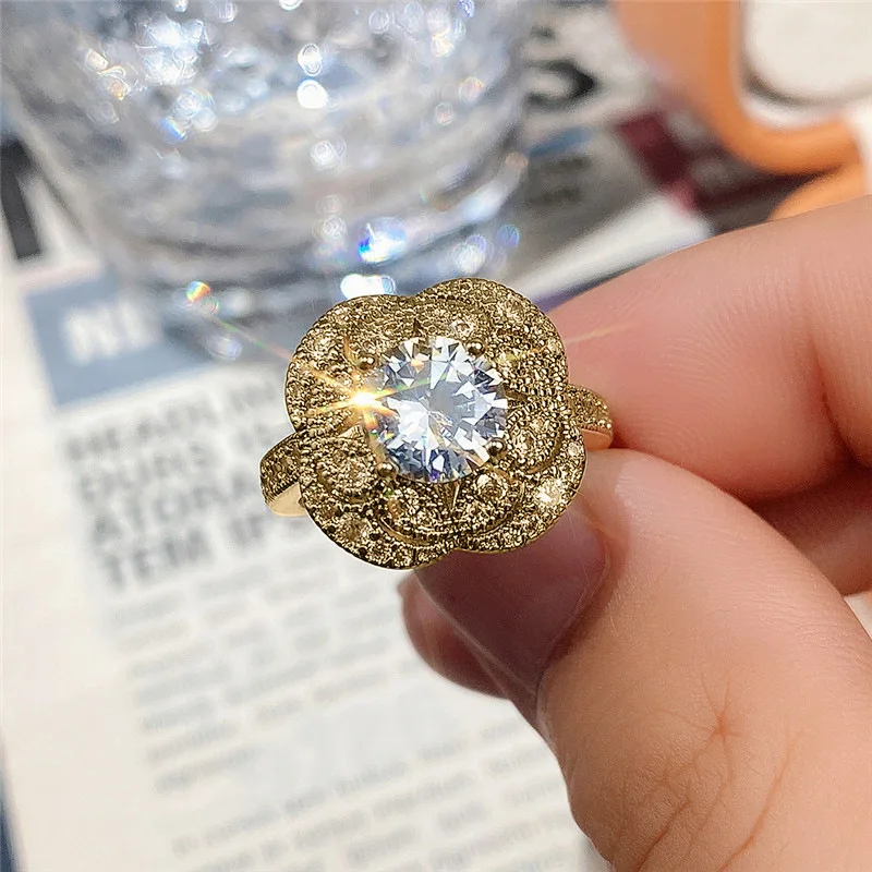 Fashion Guochao ethnic style jewelry, retro flowers, exquisite flower round zircon women\'s ring
