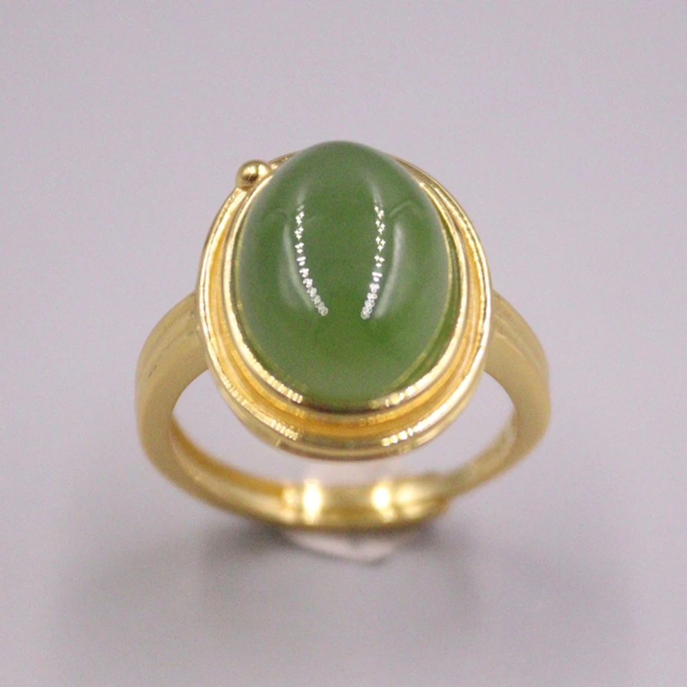 

Real Solid 925 Sterling Silver Band Natural Jade Jasper Green Oval Women Lucky Ring