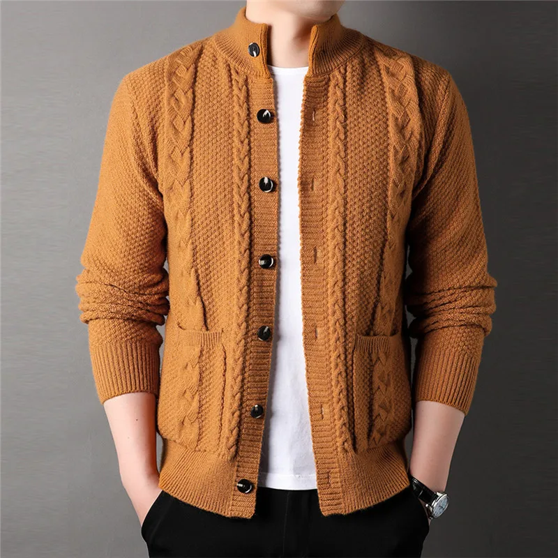 

Autumn Winter Vintage Cardigan Men Stand Collar Knit Sweatercoat Mens Solid Color Single Breasted Casual Knitted Sweater Jacket