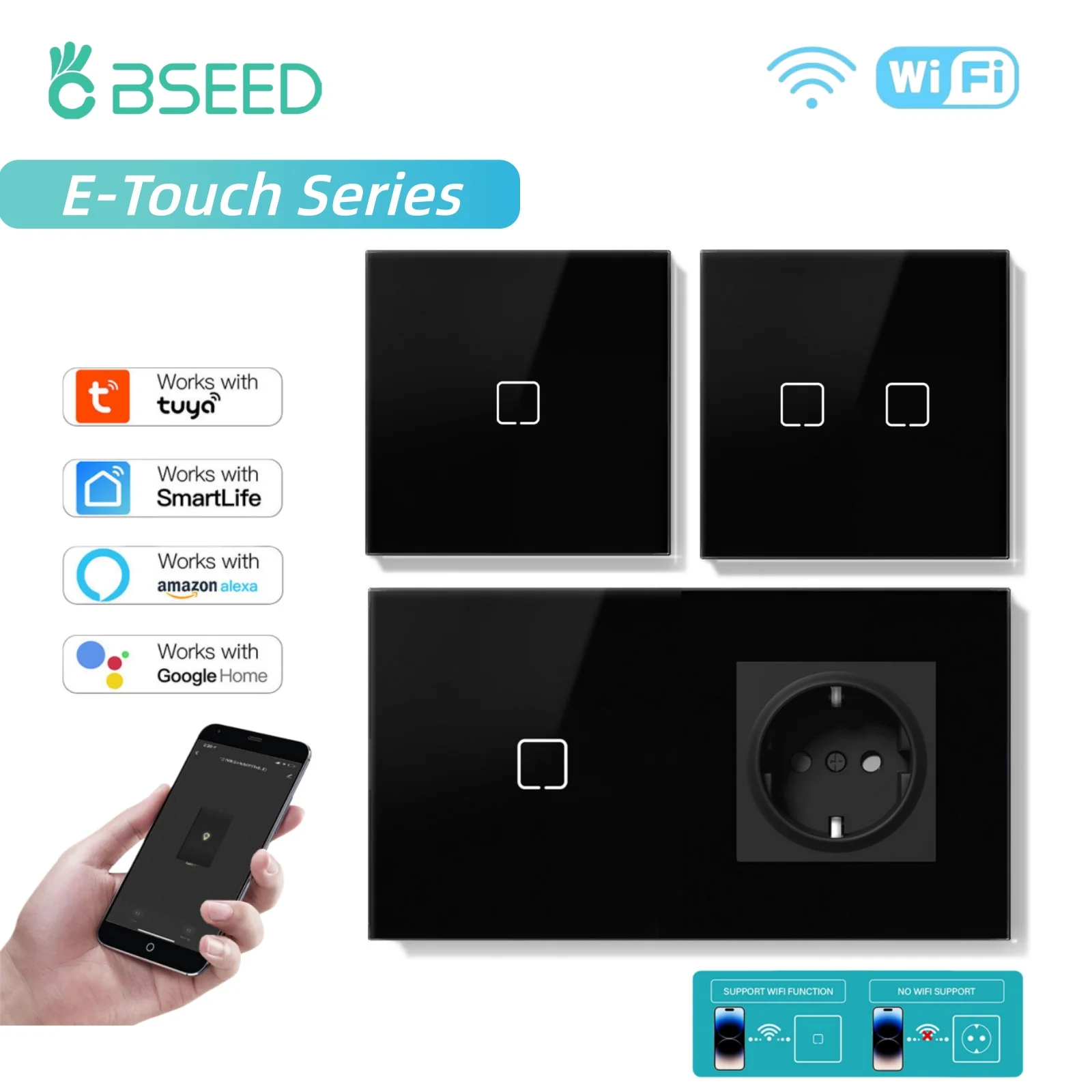 BSEED E-Serie WiFi 1/2-fach Schalter mit normaler Steckdose, Touch-Schalter, 1/2/3-fach Wandschalter für Treppen, Tuya Smart Life, Alexa App-Steuerung, Hintergrundbeleuchtung, 10A, schwarzes Glaspanel