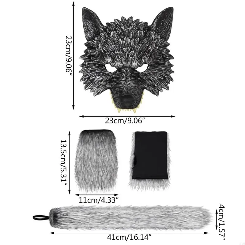 L5YB Wolf Kostüm Plüsch Wolf Maske, Füchse Wolfschwanz, Handschuhe Animal Cosplay Requisite