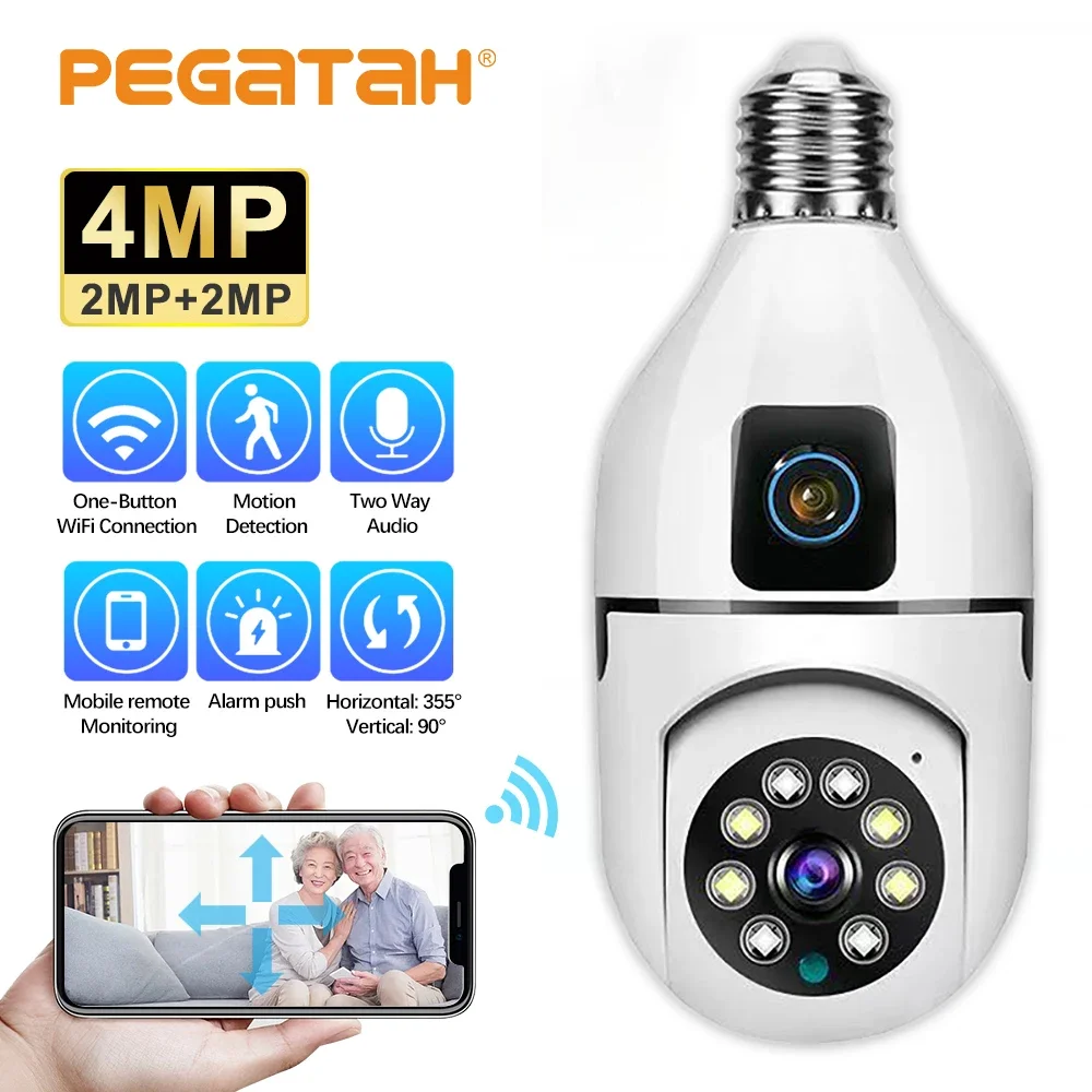 PEGATAH E27 Wifi Dual Lens Camera 4MP 4K PTZ Surveillance Camera CCTV IP Cam Security Smart Home AI Tracking Voice Alarm Camera