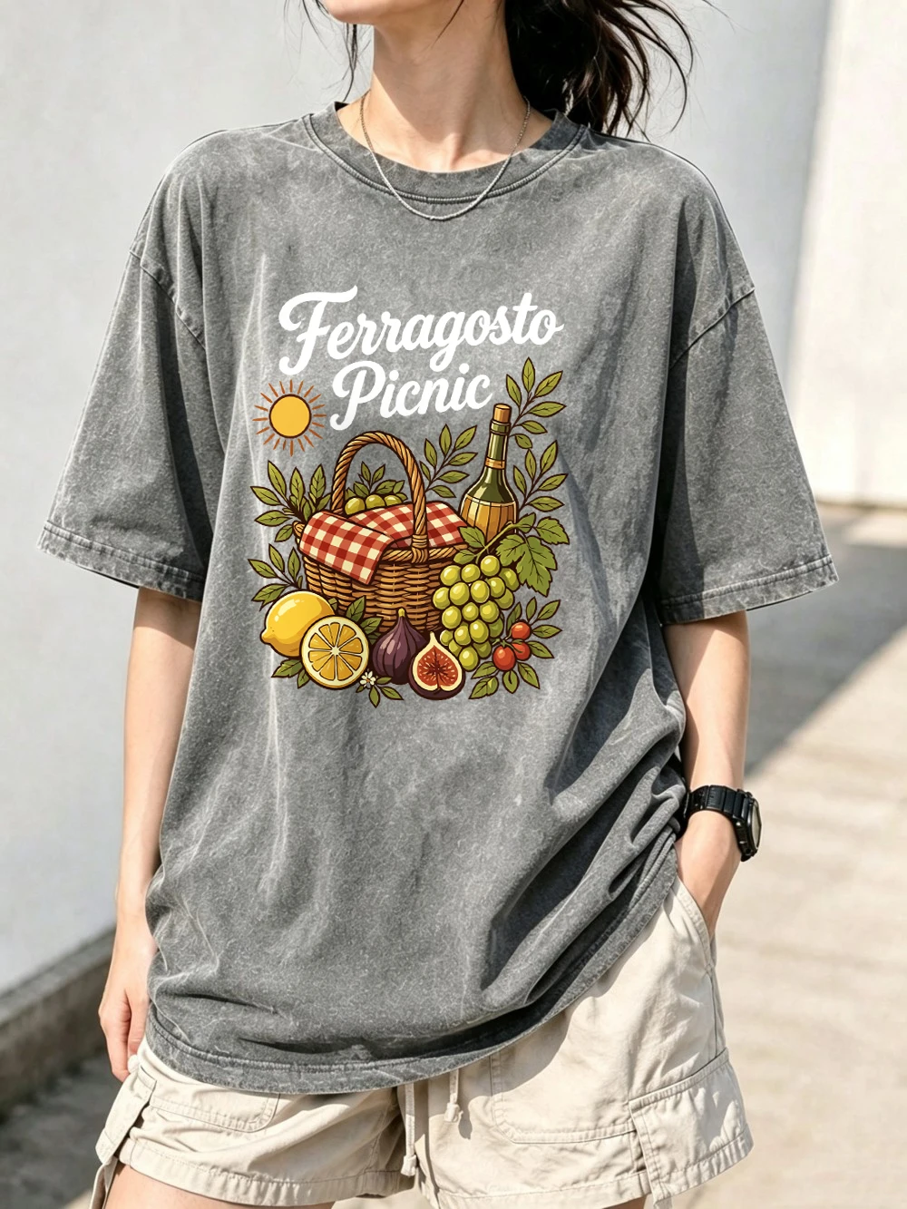 Picnic Wicker Basket Fruits Wine Sun Printed Washed T-Shirt Women Oversized Cotton T Shirt Distressed O-Neck Tops Summer Clothes