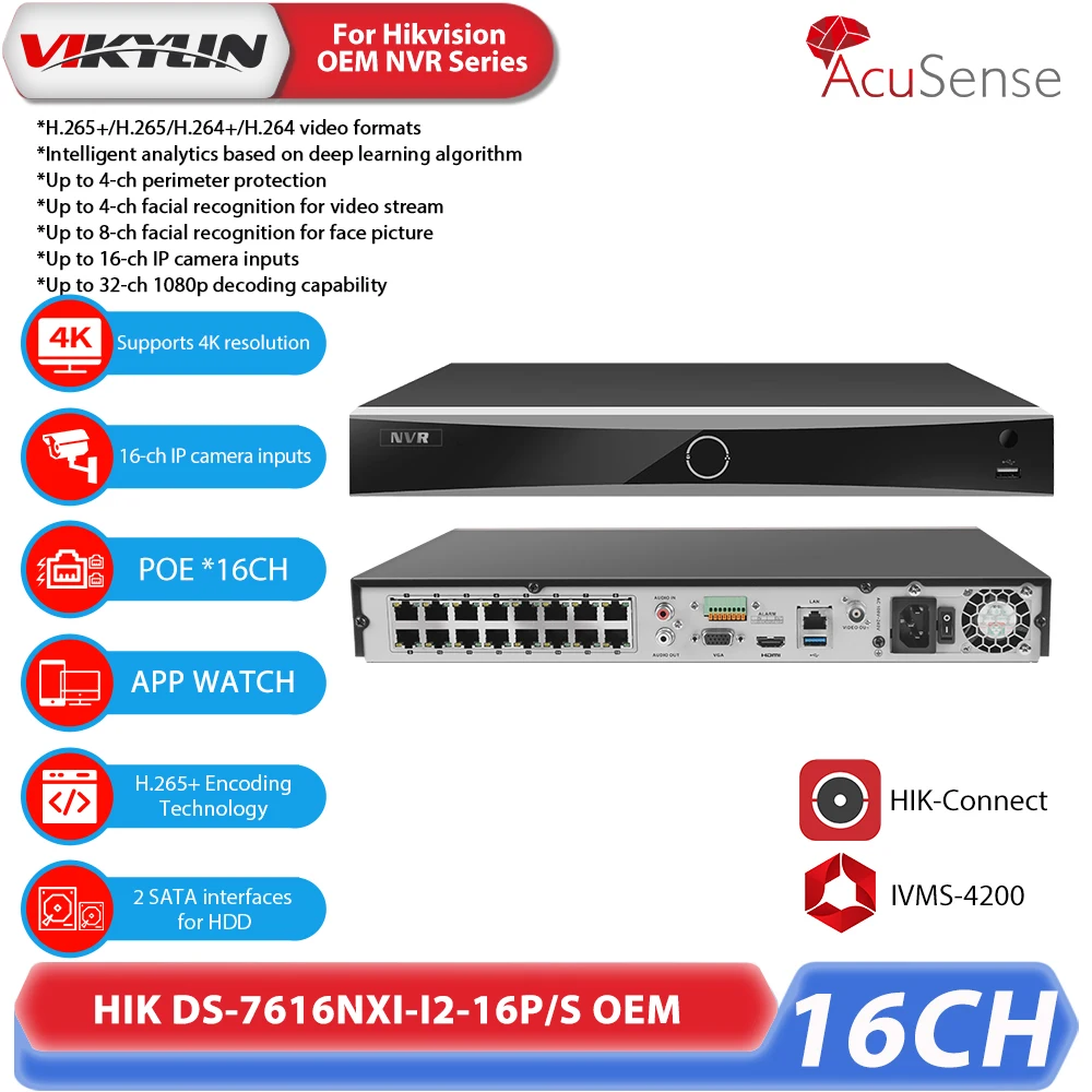 Vikylin H.265 8ch*4K For Hikvision DS-7616NXI-I2/16P/S OEM AcuSense Network Video Recorder Surveillance PoE NVR 16 Channel MD2.0