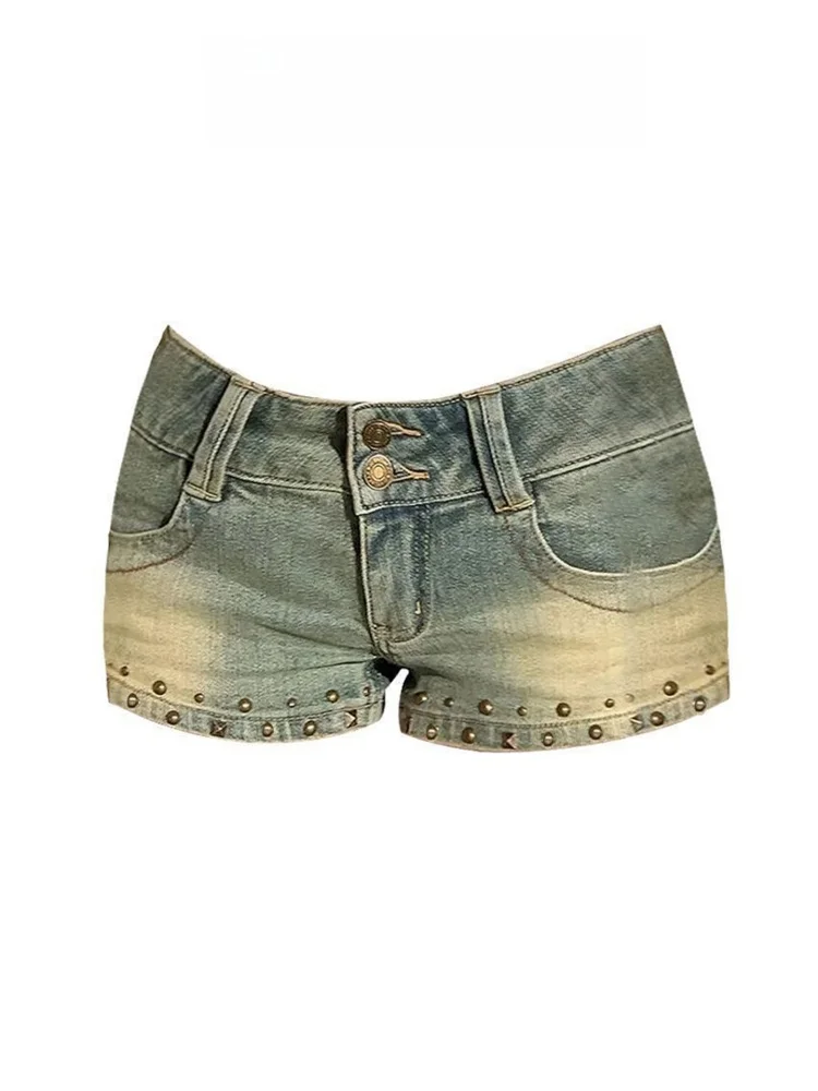 กางเกงยีนส์ขาสั้นเอวต่ำสไตล์เรโทรอเมริกัน ดีไซน์สำหรับฤดูร้อน ช่วยให้ดูผอมเพรียว ทรงขาตรง