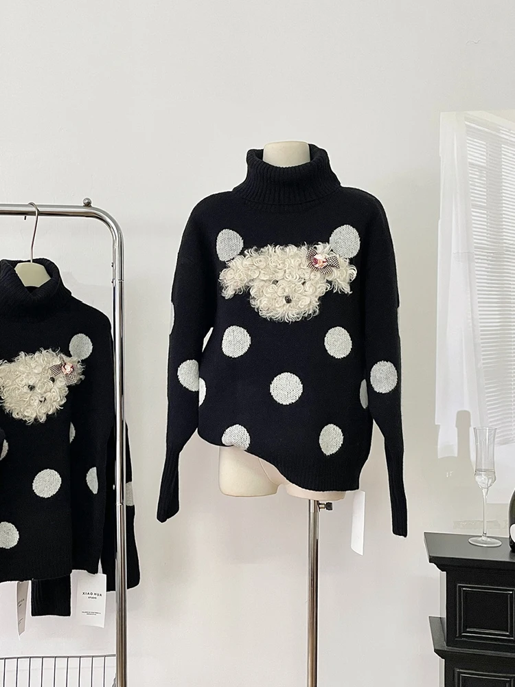 Winter Women Long Sleeve Cute Core Cuddly Turtleneck Sweater Polka Dot Knitwear 2000s Aesthetic Korean Shoujo Thick Warm Design