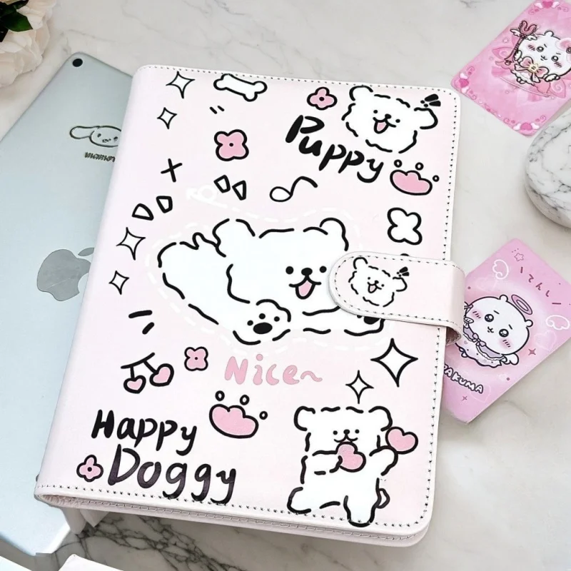 キュートなラインデザインの子犬型PUレザー製ルーズリーフフォトカードホルダーオーガナイザーバインダー、フォトカード、日記、ジャーナルアクセサリー（学生向け）