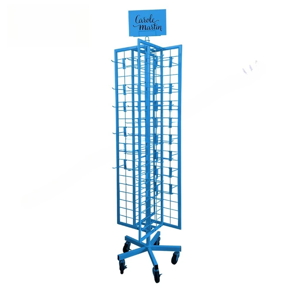 4-Way Rotating Display Stand with Wheels Metal Hanging Rotating Line Grid Display Stand