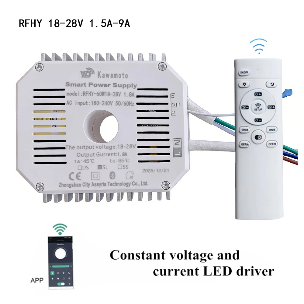 RFHY LED Intelligent Power  220V strip driver 18-28V 1.5A1.8A2.2A2.7A3.2A3.6A4.8A6A7A8A9A APP Remote colors dimming out 2 line