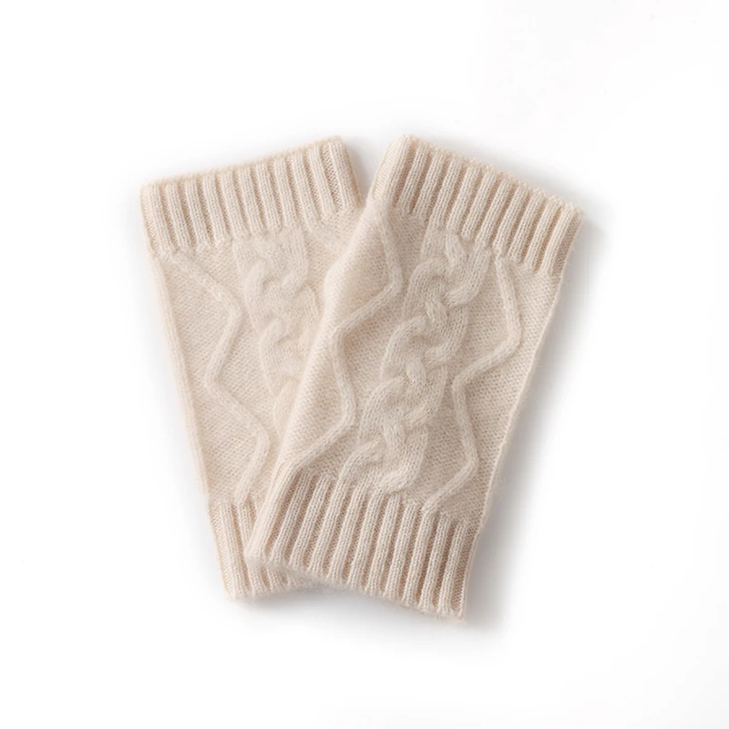 100% Real Cashmere Autumn Winter Thick Cable Gloves Mitten Fingerless Warm Wrist Length Thumb Hole Mitts Classic Female Elegant