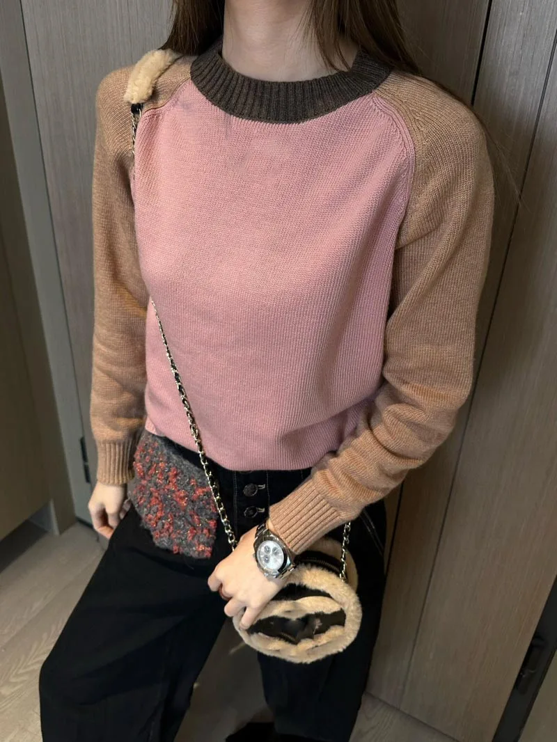 2024 Fashion Contrast 4 Colour,Wool Cashmere Sweater For Women High Quality Knitted Pullover O-Neck Long Sleeve Jumper Lady